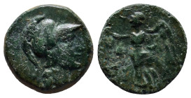 PAMPHYLIA, Side. Circa 1st Century BC. Æ (16mm, 3.3 g). Head of Athena right, wearing Corinthian helmet / Nike advancing left, holding wreath; pomegra...