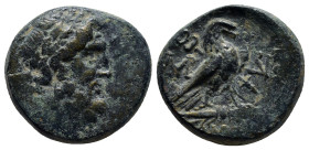 PHRYGIA, Amorion. 2nd-1st centuries BC. Æ (19mm, 9.5 g). Laureate head of Zeus right / Eagle standing right on thunderbolt; kerykeion in background, m...