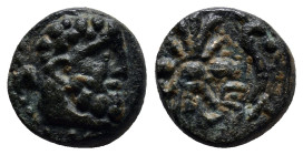 PISIDIA. Selge. Ae (12mm, 2.6 g) (2nd-1st centuries BC). Obv: Head of Herakles right, with club over shoulder. Rev: Σ - Ε - Λ. Thunderbolt and arc ter...