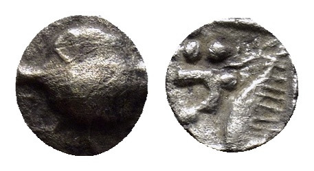 MYSIA, Kyzikos. Circa 450-400 BC. AR Hemitetartemorion (6mm, 0.1 g). Forepart of...
