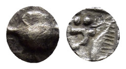 MYSIA, Kyzikos. Circa 450-400 BC. AR Hemitetartemorion (6mm, 0.1 g). Forepart of boar left; to right, tunny upward / Head of lion left; star to left; ...