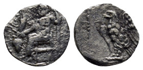 Cilicia. Uncertain mint circa 400-300 BC. Obol AR (10mm, 0.7 g) Baaltars seated left, holding grain ear and grape bunch in his right hand and scepter ...