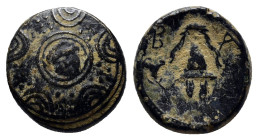 MACEDON, Kings of. Alexander III. 336-323 BC. Æ (14mm, 4.0 g). Head of Herakles left at center of Macedonian shield / B-A, plumed Macedonian helmet, g...