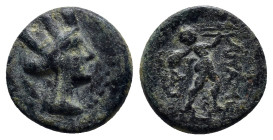 PHRYGIA. Apameia ( Circa 88-48 BC) AE Bronze (15mm, 2.7 g) Bust of Tyche right. /Nude Marsyas striding to right on meander pattern, playing double-flu...