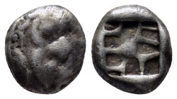 Mysia, Parion AR Drachm. (13mm, 3.2 g) 5th century BC. Facing gorgoneion with protruding tongue / Disorganized linear pattern within incuse square.