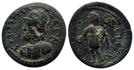 Pisidia, Termessus Major. Pseudo-autonomous. ca. 3rd century A.D. AE (24mm, 8.5 g). TEPMHCC-ЄΩN, Helmeted and draped bust of Solymos left / TΩN MЄIZON...