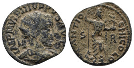 PISIDIA, Antiochia. Philip I. AD 244-249. Æ (24mm, 7.8 g). Radiate, draped and cuirassed bust right / Mên standing right, wearing Phrygian cap and cre...