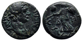 PAMPHYLIA, Side. Domitian. AD 81-96. Æ (16mm, 3.7 g). Laureate head right / CIΔ-HT[ΩN], Athena advancing left, holding spear and shield; pomegranate a...