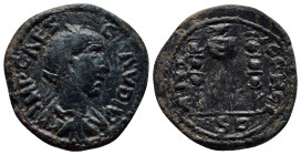 PISIDIA, Antiochia. Claudius II Gothicus. AD 268-270. Æ (25mm, 8.3 g). Radiate, draped, and cuirassed bust right, seen from behind / Vexillum between ...