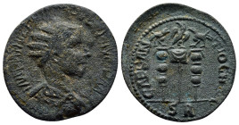 Pisidia, Antiochia. Philip II. A.D. 247-249. Æ (26mm, 8.5 g). Radiate, draped and cuirassed bust of Philip II right / Vexillum between two standards.