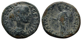 Thrace. Trajanopolis. Faustina II AD 147-175. Bronze Æ (20mm, 5.5 g). ΦAYCTEINA CEBAC, draped bust right / TΡAIANOΠOΛITΩ, Hera standing left, holding ...