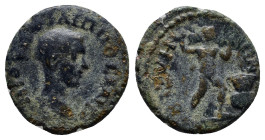 Thrace, Bizya. Philip II. As Caesar, A.D. 244-247. AE assarion (18mm, 3.5 g). M IOVΛ ΦIΛIΠΠOC KAICA, bare head right / BIZVENΩN, Silenus standing righ...