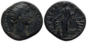 Antoninus Pius Æ Dupondius. (25mm, 11.5 g) Rome, AD 157-158. ANTONINVS AVG PIVS P P IMP II, radiate head to right / TR POT XXI COS IIII, Annona standi...