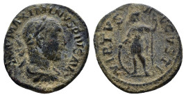 Maximinus Thrax (235-238). Ae. (19mm, 3.5 g) Obv: IMP MAXIMINVS PIVS AVG. Laureate and draped bust right. / VIRTVS AVGVSTI, Soldier standing left, rig...