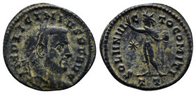 Licinius I (308-324), Nummus, Ticinum, AD 313-314; AE (19mm, 3.7 g); IMP LICINIVS P F AVG, laureate head r., Rv. SOLI INVI - C - TO COMITI, Sol, radia...