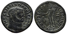 Diocletian AD 284-305. Antioch Follis Æ (27mm, 9.7 g) IMP C DIOCLETIANVS P F AVG, laureate head right / GENIO POPVLI ROMANI, Genius standing facing, h...