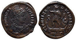 THEODOSIUS I (379-395). Ae. (23mm, 4.9 g) Antioch. Obv: D N THEODOSIVS P F AVG. Helmeted, diademed, draped and cuirassed bust right, holding shield an...