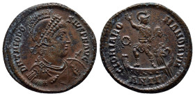 Theodosius I. Æ (23mm, 5.6 g), AD 379-395. Antioch, AD379-383. D N THEODOSIVS P F AVG, diademed, helmeted, draped and cuirassed bust of Theodosius I r...