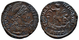 Theodosius I. Æ (23mm, 6.3 g), AD 379-395. Antioch, AD379-383. D N THEODOSIVS P F AVG, diademed, helmeted, draped and cuirassed bust of Theodosius I r...