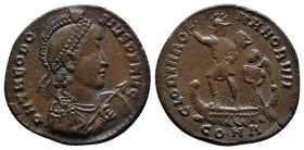 Theodosius I. AD 379-395. Æ (23mm, 5.2 g). Constantinople mint, 1st officina. Struck AD 379-383. Diademed, helmeted, draped, and cuirassed bust right,...