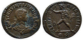 Constantine II, as Caesar AD 317-337. Roma Follis Æ (21mm, 3.1 g) CONSTANTINVS IVN NOB CAES, laureate, draped and cuirassed bust right / CLARITAS REI ...