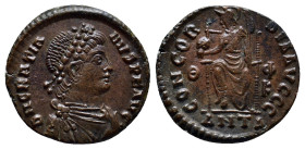 Gratian AD 375-383. Antioch Follis Æ (17mm, 2.7 g). D N GRATIANVS P F AVG, pearl diademed, draped, cuirassed bust right / VIRTVS ROMANORVM, Virtus, he...