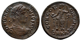 Gratian. AD 367-383. Æ (18mm, 3.2 g). Cyzicus mint, 1st officina. Pearl-diademed, draped, and cuirassed bust right / Roma enthroned facing, head left,...