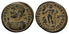 Licinius I (308-324) Æ Nummus. (18mm, 3.2 g) Antioch, IMP LICINIVS AVG, laureate and draped bust left, holding mappa, globe and sceptre / IOVI CONSERV...