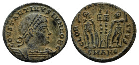 Constantinus II AD 316-337. Antioch Nummus Æ (17mm, 2.4 g). CONSTANTINVS IVN NOB C, laureate and cuirassed bust right / GLORIA EXERCITVS, two soldiers...