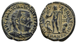 Licinius I Æ Nummus. (18mm, 4.0 g) Antioch, AD 321-323. IMP C VAL LICIN LICINIVS PF AVG, radiate, draped and cuirassed bust right / IOVI CONSERVATORI,...