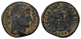 Constantine I (307/310-337). Æ Follis (17mm, 2.6 g). Constantinople, 327-8. Pearl-and-rosette diademed head r. R/ Roma seated left on shield, holding ...