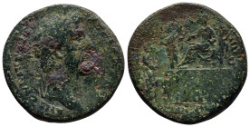 Antoninus Pius Æ Sestertius. (31mm, 22.8 g) Rome, AD 145-161. Laureate head right / Emperor seated left on platform between soldier standing left, hol...