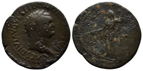 Domitian, as caesar (Titus, 79-81), Dupondius or As, Thrace (?), AD 80-81; AE (27mm, 9.8 g); CAES DIVI AVG VESP F DOMITIAN COS VII, laureate head r., ...