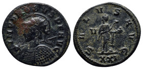 Probus Æ Antoninianus. (20mm, 3.8 g) Ticinum, AD 282. IMP C PROBVS AVG, radiate and mantled bust left, holding eagle-tipped sceptre / SALVS AVG, Salus...