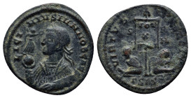 Licinius II. Caesar, AD 317-324. Æ Follis (19mm, 2.6 g). Siscia mint, Struck AD 320. Laureate and cuirassed bust left, holding Victory on globe and ma...