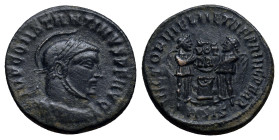 Constantinus I the Great AD 306-337. Siscia Follis Æ (17mm, 3.1 g). IMP CONSTANTINVS PF AVG, helmeted, laureate and cuirassed bust right / VICTORIAE L...