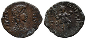 Arcadius. AD 383-408. Æ (20mm, 4.5 g). Struck 15 May AD 392-17 January 395. Pearl-diademed, draped, and cuirassed bust right / Arcadius standing facin...