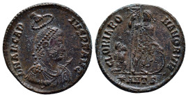 Arcadius AD 383-408. Antioch Follis Æ (22mm, 5.1 g). D N ARCADIVS P F AVG, pearl-diademed, draped and cuirassed bust right, holding spear and shield, ...