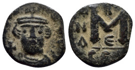 Constans II Æ Nummus. (16mm, 2.4 g) Constantinople, AD 643/4. Crowned facing bust, holding globus cruciger / Large M; cross above, E below, ANA to lef...