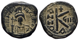 Maurice Tiberius AD 582-602. Dated RY 9=AD 590/1. Constantinople. 2nd officina Half follis Æ (22mm, 5.5 g). Helmeted, draped and cuirassed bust facing...