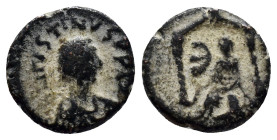 Justin I, 518-527 AD. Æ Pentanummium (13mm, 1.8 g) of Antioch. Laureate draped bust / Tyche seated, E, all within shrine.