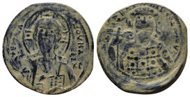 Constantine X Ducas (1059-1067 AD) Constantinople AE Follis or AE Nummi (27mm, 6.2 g) Obv: bust of Christ facing Rev: crowned facing bust of Constanti...