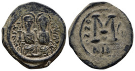 Justin II and Sophia AD 565-578. Dated RY 6=AD 570/1. Nikomedia Follis Æ (28mm, 13.8 g). Nimbate figures of Justin and Sophia seated facing on double ...