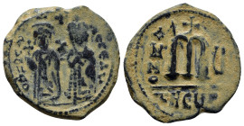 Phocas, with Leontia AD 602-610, (regnal year 6 = AD 607-608). Theoupolis (Antioch) Follis Æ (26mm, 9.5 g). ON FOCA NEP ЄAV, Phocas and Leontia standi...