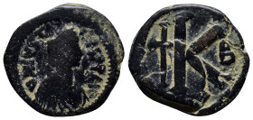 Justin I, 518 - 527 AD AE Half Follis, Nicomedia Mint, (25mm, 7.7 g) Obverse: DN IVSTINVS PP A, Pearl diademed, draped and cuirassed bust of Justin ri...