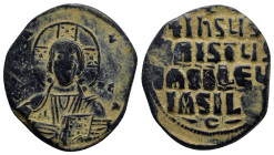 Anonymous Basil II & Constantine VIII, circa 1020-1028. Æ Follis (28mm, 10.1 g). Constantinople mint. +ЄMMANHOVΛ Facing bust of Christ Pantokrator / +...