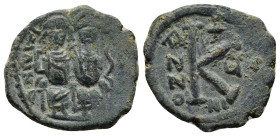 JUSTIN II with SOPHIA, (565 - 578 AD) AE, Half Follis. (23mm, 5.8 g) Nikomedia. Dated RY: (569-570) Obv: D N IVSTI - NVS P P Justin on left, Sophia on...