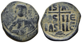 Time of Romanus III Argyrus. 1028-1034. Æ follis (anonymous). (29mm, 15.3 g). Class B. Bust of Christ facing, holding book of Gospels / Cross on three...