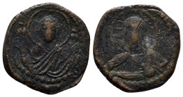 Anonymous, Attributed to Romanus IV (1068-1071 AD) Constantinople AE Follis (25mm, 8.9 g) Obv: MHP - ΘV. Facing bust of the Virgin Mary, Class G orans...