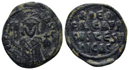 Theophilus, (829-842 AD) Constantinopolis AE Follis (28mm, 6.9 g) Obv: ΘЄΟFIL bASIL' Three-quarter length figure of Theophilus standing facing, wearin...